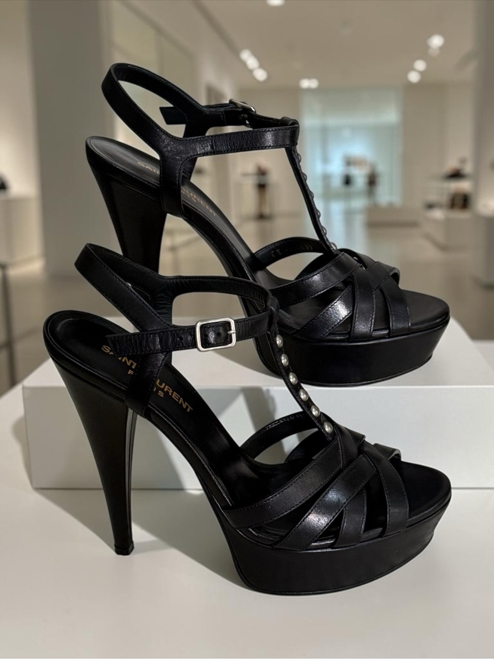 Saint Laurent Black Leather Platform T-Strap Studded Sandals Stiletto Heels! 37 - Picture 14 of 16